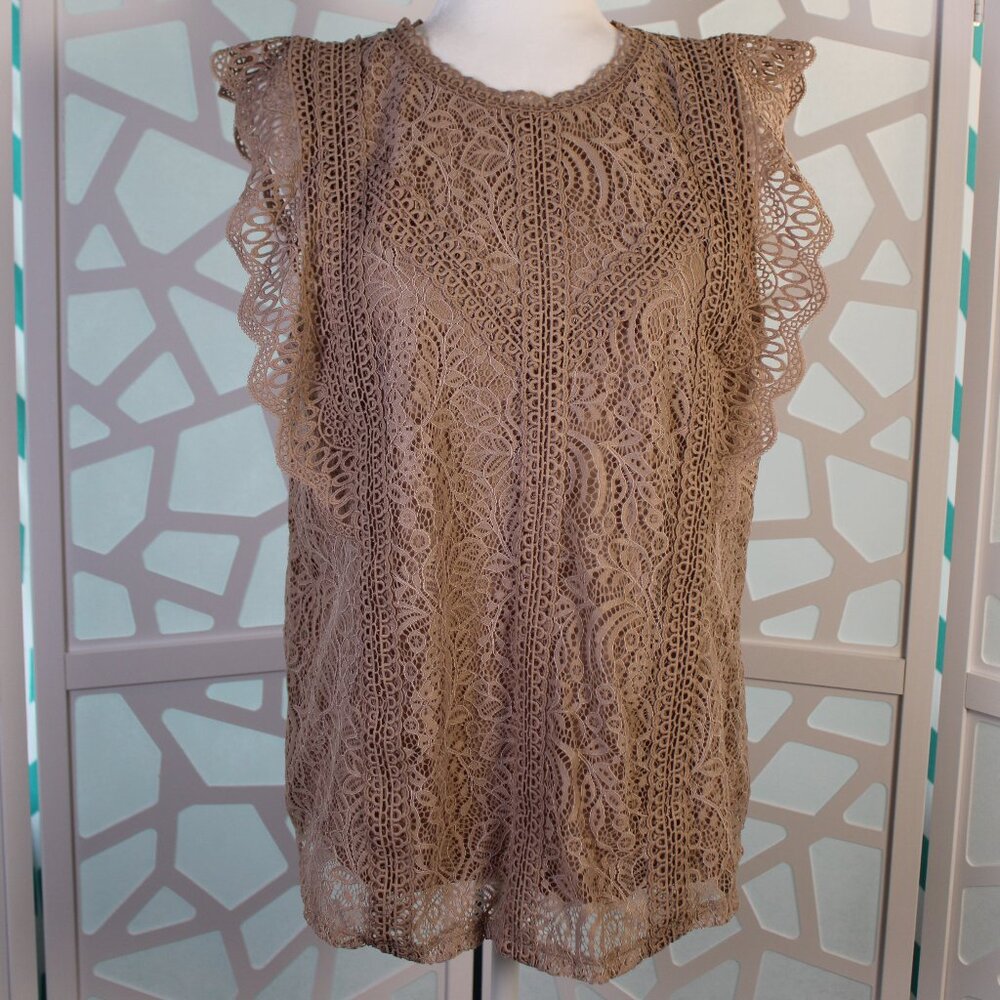 Cable And Gauge Ladies Top Sleeveless Blouse Crochet Lace Boho Taupe Brown Xlarg